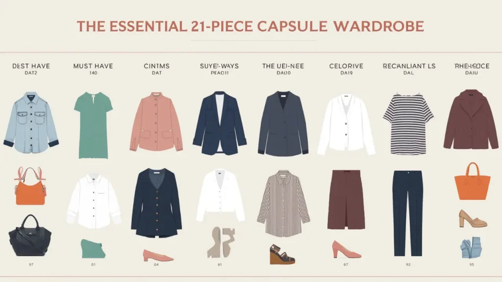 A Pinterest pin graphic titled "THE ESSENTIAL 21-PIECE CAPSULE WARDROBE" displaying an organized visual checklist for a women's fashion Capsule Wardrobe. Set on a cream background, a neat grid layout illustrates 21 minimalist closet staples, including a denim shirt, blazers, striped tops, button-down blouses, a midi skirt, dark trousers, structured tote bags, heels, and wedges. An ideal visual guide for building a versatile wardrobe, outfit planning, and timeless style shopping.