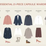 A Pinterest pin graphic titled "THE ESSENTIAL 21-PIECE CAPSULE WARDROBE" displaying an organized visual checklist for a women's fashion Capsule Wardrobe. Set on a cream background, a neat grid layout illustrates 21 minimalist closet staples, including a denim shirt, blazers, striped tops, button-down blouses, a midi skirt, dark trousers, structured tote bags, heels, and wedges. An ideal visual guide for building a versatile wardrobe, outfit planning, and timeless style shopping.
