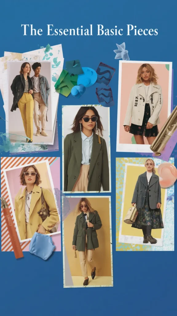 An artistic scrapbook-style Pinterest pin graphic titled "The Essential Basic Pieces" on a bold blue background. Features a collage of photo cutouts showcasing versatile outfit formulas for a women's fashion Capsule Wardrobe. Highlights stylish layering staples including tailored olive green and yellow blazers, structured trench coats, button-down shirts, yellow pants, and floral midi skirts. An ideal visual guide for styling everyday basics and organizing a chic, functional closet.
