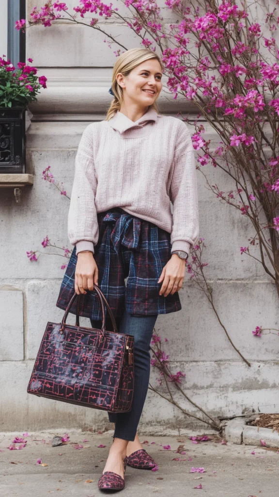 A stylish street-style portrait showcasing patterned everyday accessories as statement pieces for a women's fashion Capsule Wardrobe. A smiling blonde woman stands outside near blooming pink flowers wearing a light pink cozy knit sweater, a tied plaid waist wrap over dark blue slim jeans, and matching patterned pointy flat shoes. She carries a large black tote bag featuring a red geometric pattern. An ideal visual reference for fall layering, chic daily outfit formulas, and versatile handbag styling.