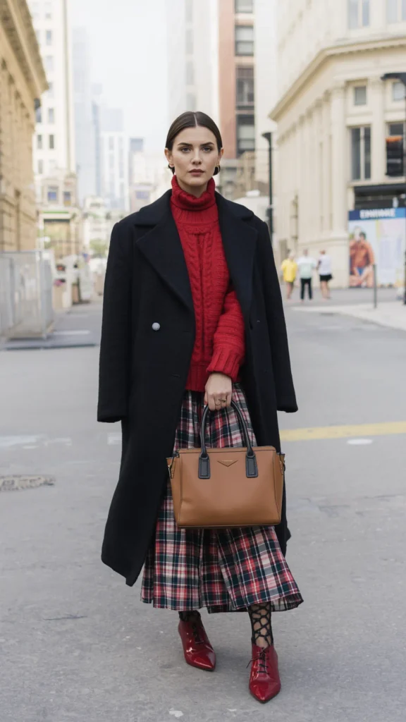 Full-body street-style photo of a woman showcasing bold winter layering ideas for a women's fashion Capsule Wardrobe. Standing on a city street, she wears a long black tailored overcoat draped over a bright red cable-knit turtleneck sweater, paired with a red and black plaid midi skirt, patterned tights, and glossy red patent lace-up boots. She holds a structured tan leather tote bag. Ideal visual reference for winter outfit formulas, chic layering, and timeless seasonal style.