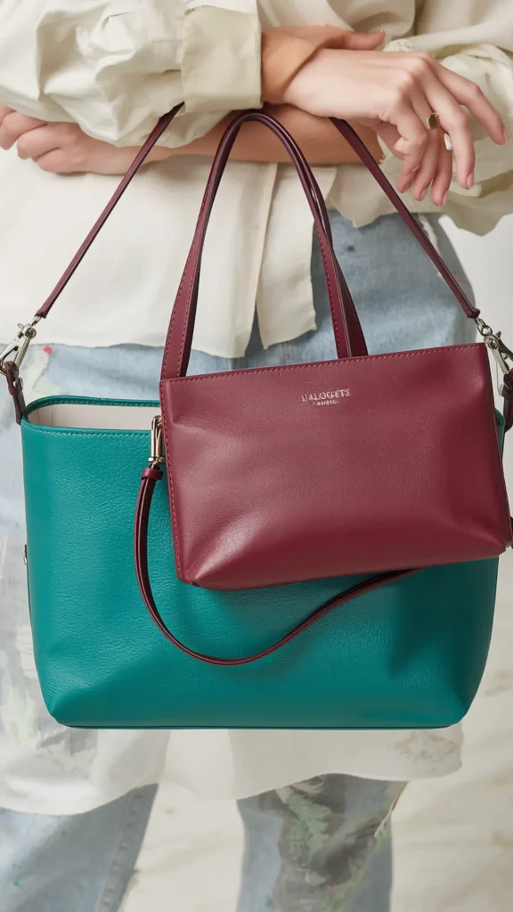 A close-up fashion shot featuring essential leather handbags as key accessory staples for a women's fashion Capsule Wardrobe. A woman wearing an off-white button-down shirt and light blue jeans holds a large teal green leather tote bag paired with a smaller burgundy leather crossbody pouch layered on top. An ideal visual reference for styling statement color accessories, functional everyday handbags, versatile leather totes, and adding pop-of-color accents to neutral outfit formulas.
