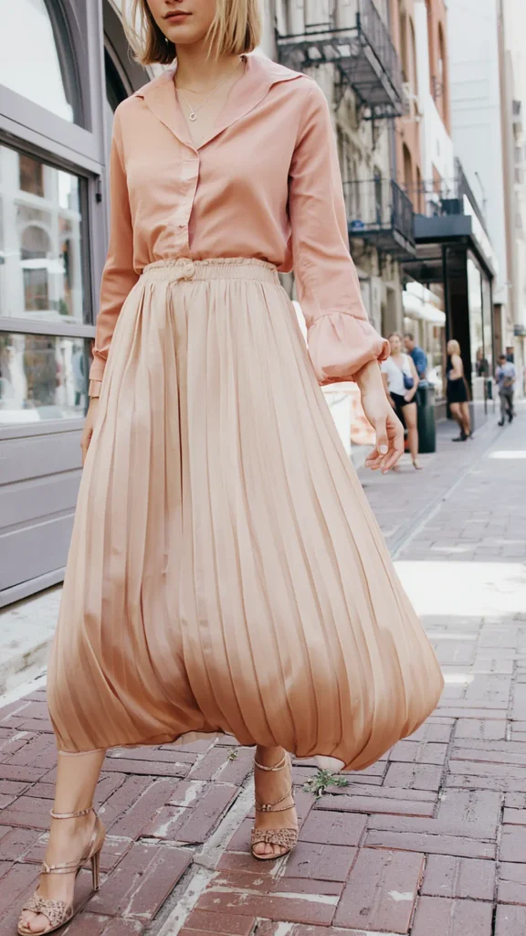 A chic street-style portrait of a woman wearing an elegant monochrome blush outfit, perfect for a women's fashion Capsule Wardrobe. Walking down a brick sidewalk, she wears a dusty rose silk collared blouse with ruffle cuffs tucked into a high-waisted pleated blush midi skirt. She pairs the look with strappy metallic heel sandals and a delicate necklace. An ideal visual reference for feminine monochromatic styling, spring workwear ideas, and timeless, versatile closet staples.