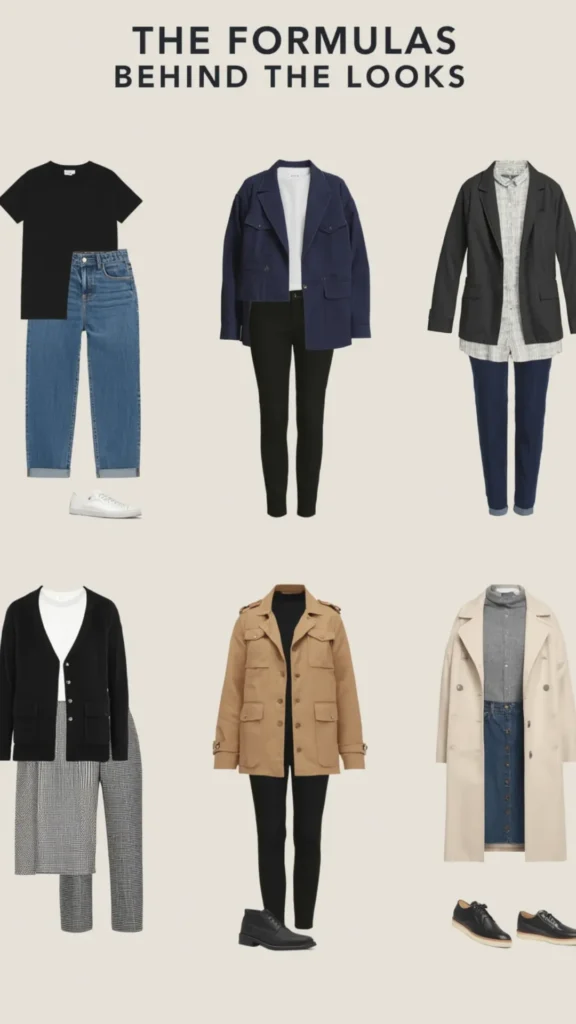 A Pinterest pin graphic titled "THE FORMULAS BEHIND THE LOOKS" displaying six outfit formulas for a women's fashion Capsule Wardrobe. Set on a light cream background, the flat-lay layout features versatile combinations: black tees with cuffed denim jeans, navy jackets, black blazers with striped shirts, cardigans with plaid trousers, camel field jackets with boots, and trench coats over denim skirts. An ideal visual guide for effortless outfit building and minimalist styling.
