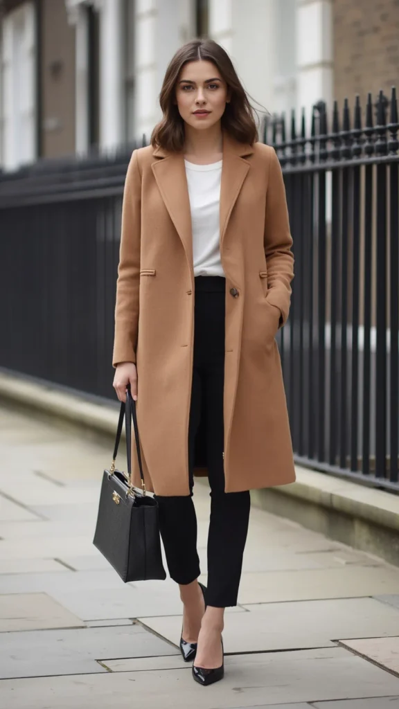 Full-body street-style portrait of a woman styling a classic camel wool overcoat, an essential outerwear investment for a women's fashion Capsule Wardrobe. Walking on a city sidewalk, she wears an open tan coat over a white top tucked into black tailored pants, paired with black pointed pumps and a black leather tote bag. One hand rests in her coat pocket. An ideal visual reference for chic fall workwear formulas, quiet luxury style, timeless winter layering, and minimalist basics.