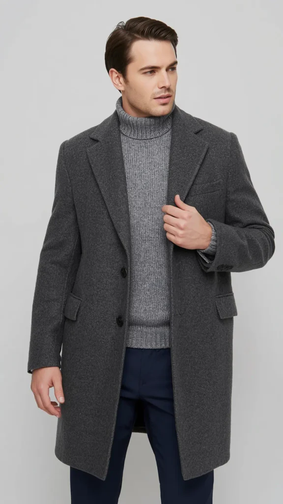 A studio portrait of a man showcasing a charcoal grey wool overcoat as a timeless outerwear investment for a versatile Capsule Wardrobe. Posing against a grey backdrop, he wears the tailored single-breasted coat open over a grey ribbed turtleneck sweater and dark navy trousers. An ideal visual reference for cold-weather layering formulas, tailored smart-casual style, minimalist outerwear basics, and building an essential collection of closet staples.