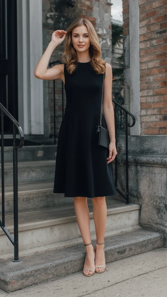 Full-body street-style photo featuring a classic sleeveless little black dress (LBD), a versatile staple for a women's fashion Capsule Wardrobe. Standing on stone stairs outside a brick building, a smiling blonde woman wears a knee-length black A-line dress, nude ankle-strap heel sandals, and a small black crossbody bag with a chain strap. An ideal visual reference for elegant day-to-night outfit formulas, timeless summer sophistication, quiet luxury, and essential closet planning.