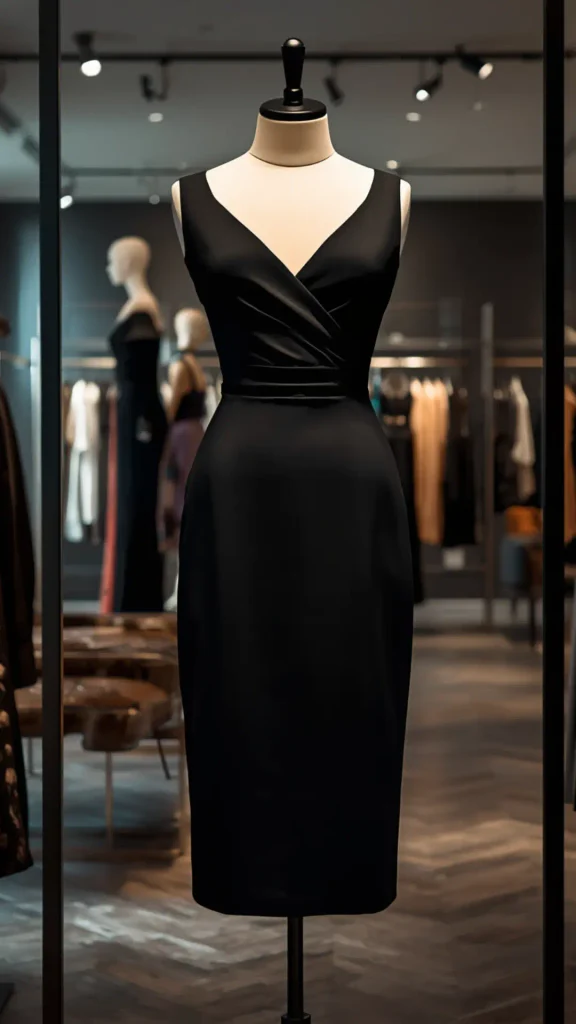 An elegant boutique display featuring a classic sleeveless little black dress (LBD) as an essential evening staple for a women's fashion Capsule Wardrobe. Displayed on a mannequin in a sophisticated shop setting, the fitted black midi dress features a graceful wrap V-neckline and a cinched waist. An ideal visual reference for formal event outfit ideas, chic cocktail attire, timeless evening wear styling, and building a versatile, elegant closet that lasts through every season.