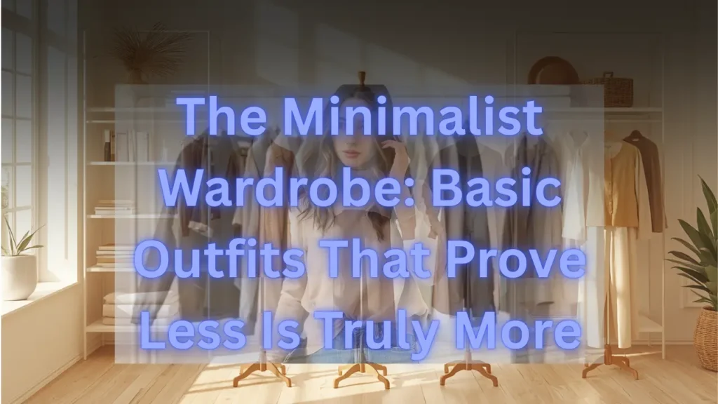 A Pinterest pin graphic overlaid with soft blue text reading "The Minimalist Wardrobe: Basic Outfits That Prove Less Is Truly More". Set in a bright, sunlit room with warm wooden floors, a woman stands among minimalist clothing racks and mannequins filled with neutral apparel. Features clean closet organization and effortless styling ideas for a women's fashion Capsule Wardrobe. An ideal visual guide for building a functional minimalist closet, everyday basic outfits, and timeless style.