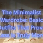 A Pinterest pin graphic overlaid with soft blue text reading "The Minimalist Wardrobe: Basic Outfits That Prove Less Is Truly More". Set in a bright, sunlit room with warm wooden floors, a woman stands among minimalist clothing racks and mannequins filled with neutral apparel. Features clean closet organization and effortless styling ideas for a women's fashion Capsule Wardrobe. An ideal visual guide for building a functional minimalist closet, everyday basic outfits, and timeless style.