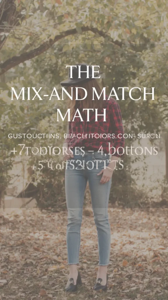 A Pinterest pin graphic titled "THE MIX-AND-MATCH MATH" featuring a woman standing in an outdoor park setting with fallen autumn leaves, showcasing a casual women's fashion Capsule Wardrobe. She wears a red and black plaid flannel shirt, a dark brimmed hat, fitted light-wash blue denim jeans, and black block-heel loafers. Text overlay illustrates outfit math formulas for mixing tops and bottoms. An ideal visual guide for minimalist fall style, outfit planning formulas, and casual closet versatility.