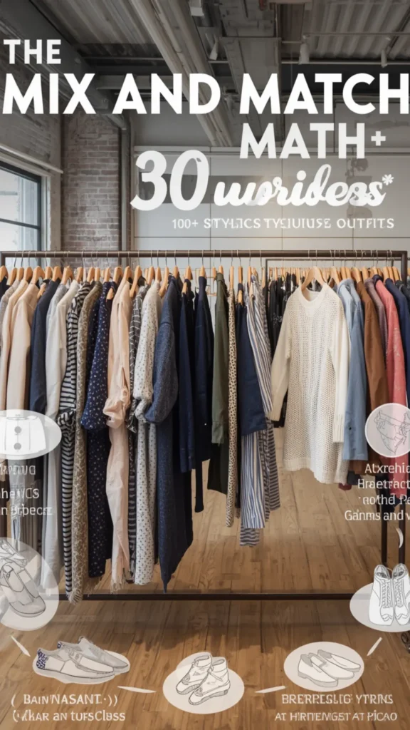 A Pinterest pin graphic titled "THE MIX AND MATCH MATH: How 30 Wardrobe Pieces Create 100+ Outfits" set in a stylish loft space. Features a long clothing rack filled with women's fashion staples on wooden hangers, including cozy knits, striped tops, patterned dresses, and outerwear in neutral tones. Illustrated callouts highlight versatile shoe pairings like sneakers, flats, and boots. An ideal visual guide for maximizing outfit combinations with a 30-piece Capsule Wardrobe.