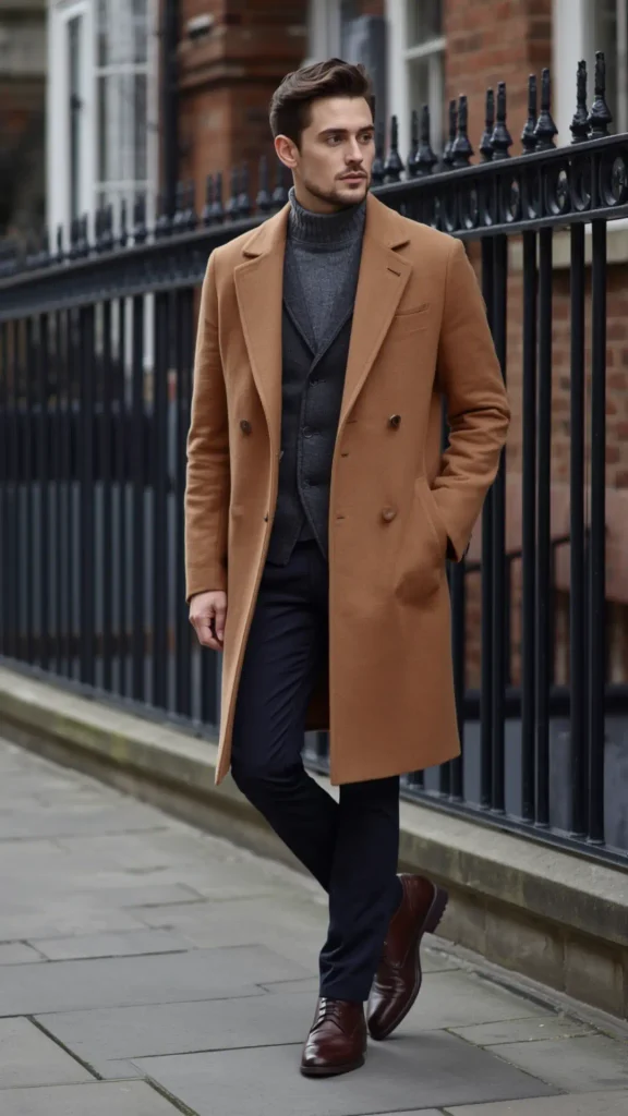 A stylish man walking along a city sidewalk showcasing a classic camel wool overcoat as an essential outerwear staple for a tailored Capsule Wardrobe. He layers the double-breasted coat over a grey turtleneck sweater, a dark grey vest, and dark navy trousers, finished with polished brown leather shoes against a black iron fence. An ideal visual reference for sophisticated cold-weather layering, smart-casual outfit formulas, and building a versatile, timeless closet.