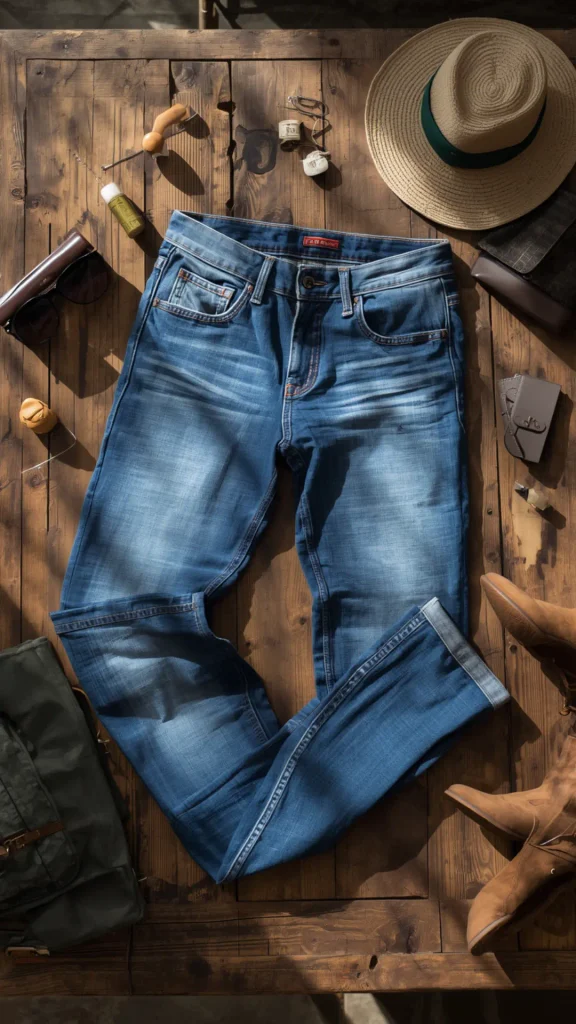 A rustic flat-lay fashion photo showcasing classic blue jeans as a versatile denim staple for a women's fashion Capsule Wardrobe. Displayed on a dark wooden surface with warm sunlight, the medium-wash jeans are styled alongside a straw fedora hat, brown suede boots, sunglasses, a green canvas bag, and small accessories. An ideal visual reference for casual weekend outfit ideas, bohemian travel styling, effortless everyday looks, and timeless closet basics.