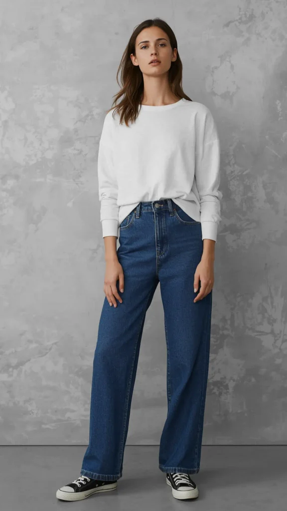 A minimalist fashion portrait showcasing classic high-waisted denim as an essential staple for a women's fashion Capsule Wardrobe. A brunette model stands against a textured grey studio background wearing a relaxed white long-sleeve crewneck sweater tucked into high-rise, dark blue wide-leg jeans, paired with black and white low-top canvas sneakers. An ideal visual reference for casual everyday outfit styling, effortless street style, and timeless denim closet basics.