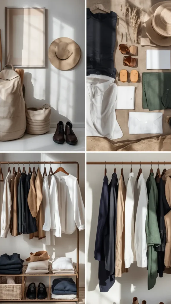 A 4-panel collage Pinterest pin featuring a minimalist women's fashion Capsule Wardrobe aesthetic in neutral earth tones. Top left shows a beige backpack, brown boots, and a straw hat. Top right displays a flat lay of summer-to-fall essentials including a crisp white shirt, green pants, yellow slides, and sunglasses. Bottom panels highlight organized wooden garment racks with hanging white blouses, olive outerwear, and stacked knits. An ideal visual guide for timeless minimalist closet planning.