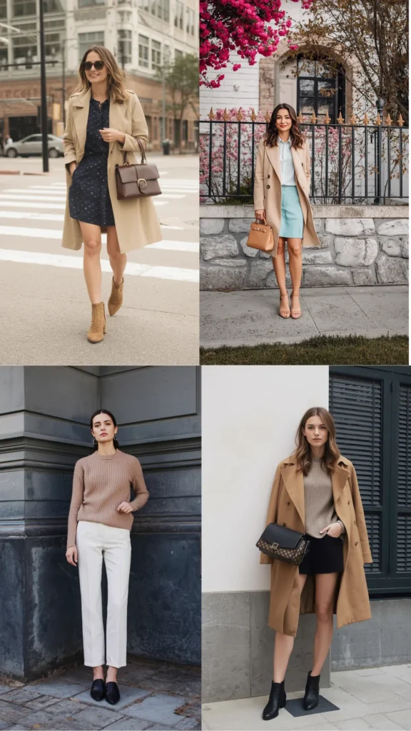 A four-quadrant photo collage illustrating a seasonal transition system for a women's fashion Capsule Wardrobe. Features four stylish outfits: a tan trench coat over a dark mini dress with suede ankle boots; a beige trench coat with a light blue skirt and nude sandals; a taupe knit sweater paired with white trousers; and a camel long coat worn over a ribbed sweater and black boots. An ideal visual guide for seasonal outfit swapping, trench coat layering, and minimalist chic fashion.