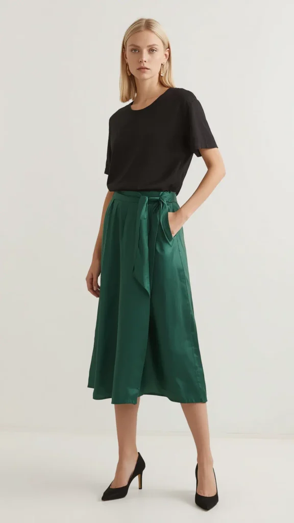 A studio portrait showcasing an emerald green satin midi skirt as a versatile statement staple for a women's fashion Capsule Wardrobe. A blonde model stands against a neutral backdrop wearing a tucked-in black t-shirt paired with a high-waisted emerald green silk skirt featuring a tied belt, styled with black pointed heels and gold earrings. An ideal visual reference for smart-casual styling, dressing up basic tees, elegant work-to-night outfit formulas, and timeless closet essentials.