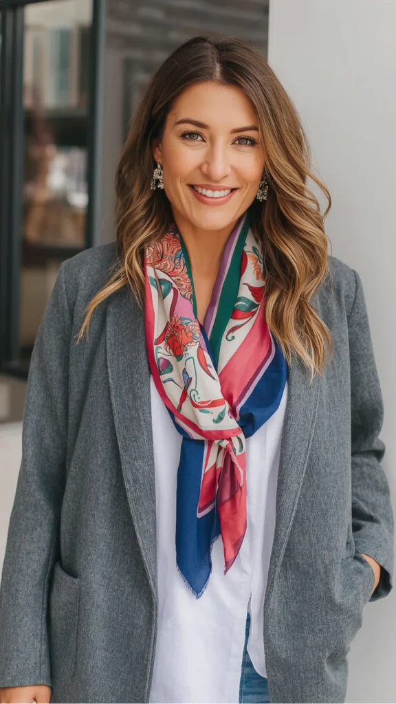 A close-up fashion portrait of a smiling woman showcasing a silk neck scarf as a vibrant accessory piece for a women's fashion Capsule Wardrobe. She wears an open grey textured blazer over a plain white top, paired with an elegant silk scarf patterned in navy blue, magenta pink, teal green, and cream floral accents. Styled with decorative silver drop earrings. An ideal visual reference for adding a pop of color, smart-casual workwear, elegant layering formulas, and timeless basics.