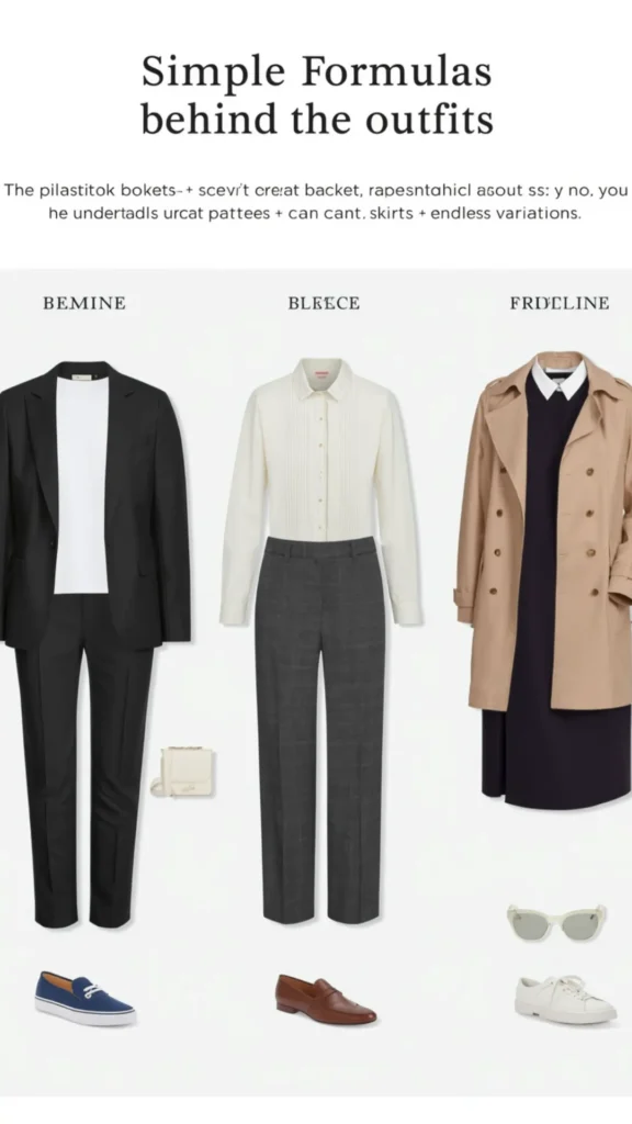 A flat-lay Pinterest graphic titled "Simple Formulas behind the outfits" showcasing three versatile outfit combinations for a women's fashion Capsule Wardrobe. Displayed on a white background: a black pant suit styled with a white tee and blue slip-ons; an ivory pleated button-down shirt paired with grey plaid trousers and brown loafers; and a dark collared dress layered under a camel trench coat with white sneakers. An ideal visual guide for effortless outfit planning and minimalist style.