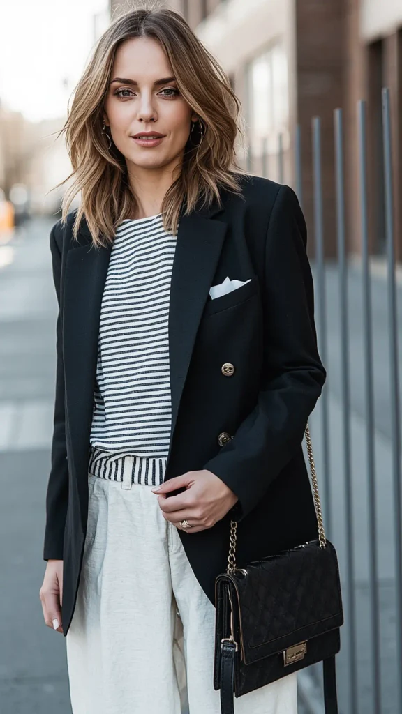 A chic street-style portrait of a woman wearing a Parisian-inspired outfit, an essential formula for a women's fashion Capsule Wardrobe. Posing outdoors on a city sidewalk, she wears a black double-breasted blazer with gold buttons over a classic black and white horizontal striped top, paired with high-waisted off-white trousers and a black quilted chain-strap handbag. An ideal visual reference for French minimal aesthetic, chic office wear, smart-casual layering, and timeless basics.