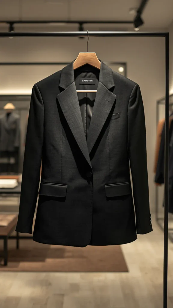 A classic black tailored blazer displayed on a wooden hanger, serving as an essential staple for a timeless Capsule Wardrobe in women's fashion. This structured single-breasted jacket features sharp lapels, refined textured fabric, and front flap pockets against a minimalist shop interior. A versatile foundation piece ideal for chic workwear, professional business casual outfits, effortless layered styling, and sophisticated everyday looks.