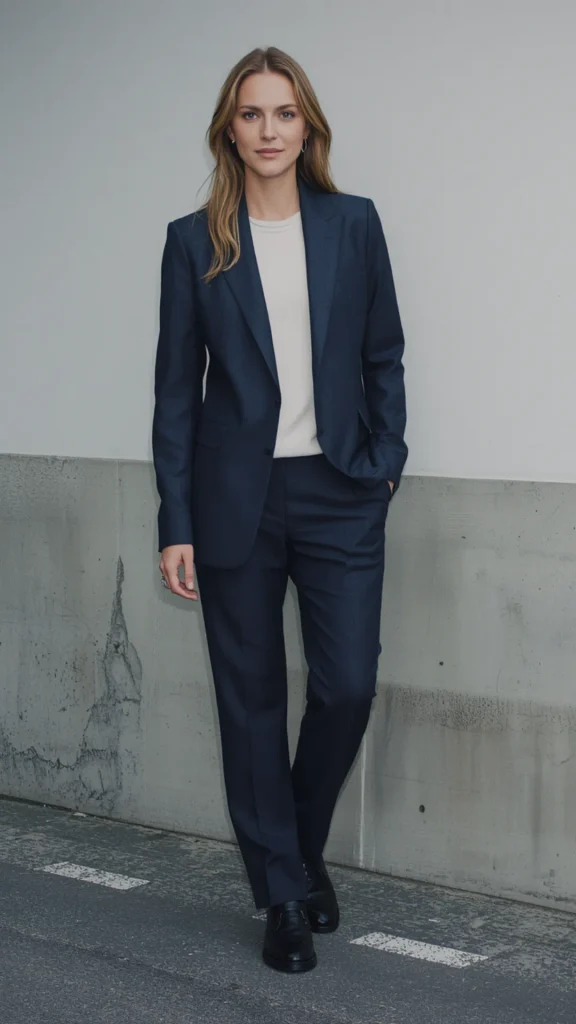 Full-body fashion portrait of a woman wearing a tailored dark navy blazer suit, an essential workwear piece for a women's fashion Capsule Wardrobe. Standing against a minimalist grey concrete wall, she wears a fitted navy blue single-breasted blazer over a cream crewneck top, paired with matching navy trousers and black leather loafers. An ideal visual reference for chic office wear, quiet luxury styling, modern power dressing, and timeless neutral suit formulas.