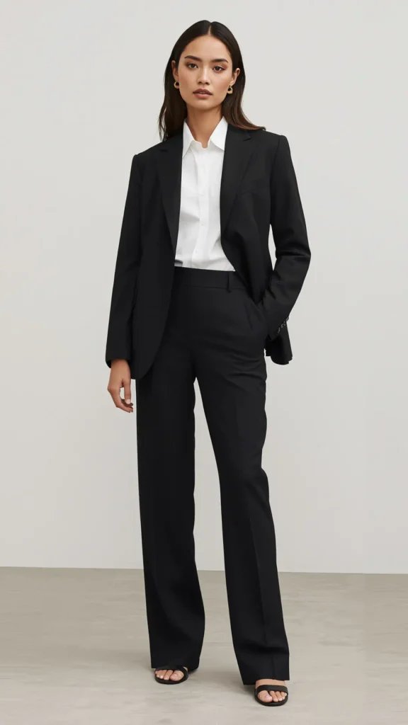 A chic fashion portrait highlighting a classic black tailored blazer as an essential power piece for a women's fashion Capsule Wardrobe. A dark-haired model stands against a neutral studio background wearing a structured black blazer, crisp white button-down shirt, and matching black wide-leg tailored trousers with black strappy sandals and gold hoop earrings. An ideal visual reference for professional workwear, timeless suit styling, and chic everyday fashion essentials.