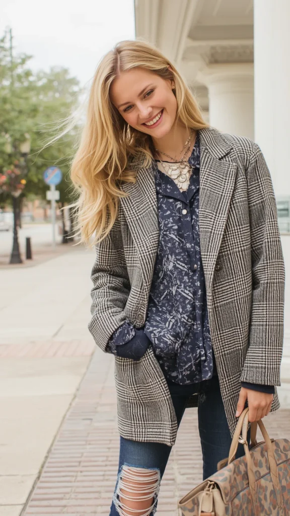 A chic street-style portrait of a smiling blonde woman wearing a grey plaid blazer, an essential outerwear piece for a women's fashion Capsule Wardrobe. Posing outdoors on a city sidewalk, she wears an oversized black-and-white checked coat over a dark blue floral patterned button-up shirt, ripped distressed blue jeans, and a layered statement necklace. She holds a beige patterned handbag. An ideal visual reference for fall layering formulas, smart-casual street style, and versatile basics.