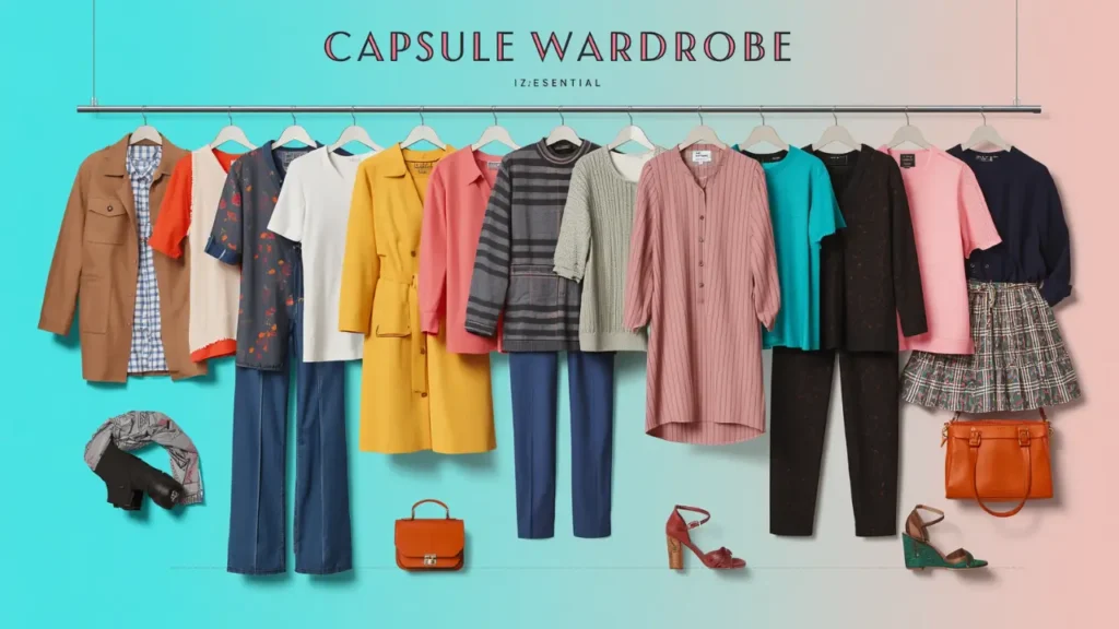 A Pinterest pin graphic titled "CAPSULE WARDROBE" set against a bright blue-to-pink gradient background. The image features a hanging clothing rack with colorful women's fashion essentials: a yellow trench coat, pink blouses, teal tees, printed tops, blue jeans, tailored trousers, and a plaid skirt. Styled accessories below include tan leather handbags, red heels, green wedges, and ankle boots. An ideal visual guide for building a versatile Capsule Wardrobe with vibrant outfit options.