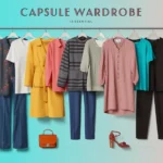 A Pinterest pin graphic titled "CAPSULE WARDROBE" set against a bright blue-to-pink gradient background. The image features a hanging clothing rack with colorful women's fashion essentials: a yellow trench coat, pink blouses, teal tees, printed tops, blue jeans, tailored trousers, and a plaid skirt. Styled accessories below include tan leather handbags, red heels, green wedges, and ankle boots. An ideal visual guide for building a versatile Capsule Wardrobe with vibrant outfit options.