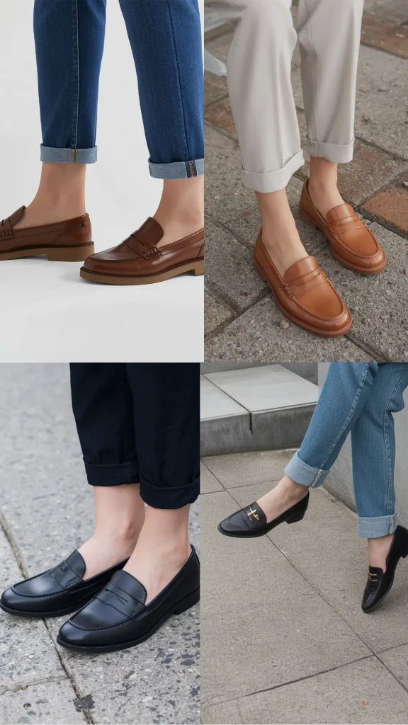 A four-panel grid photo showcasing classic leather loafers as essential footwear staples for a women's fashion Capsule Wardrobe. The collage highlights four styling ideas featuring brown, tan, and black leather penny loafers paired with cuffed blue jeans, off-white trousers, and black pants. Ideal visual reference for versatile flat shoe outfit formulas, smart-casual workwear, effortless everyday styling, and building a timeless, comfortable footwear collection.