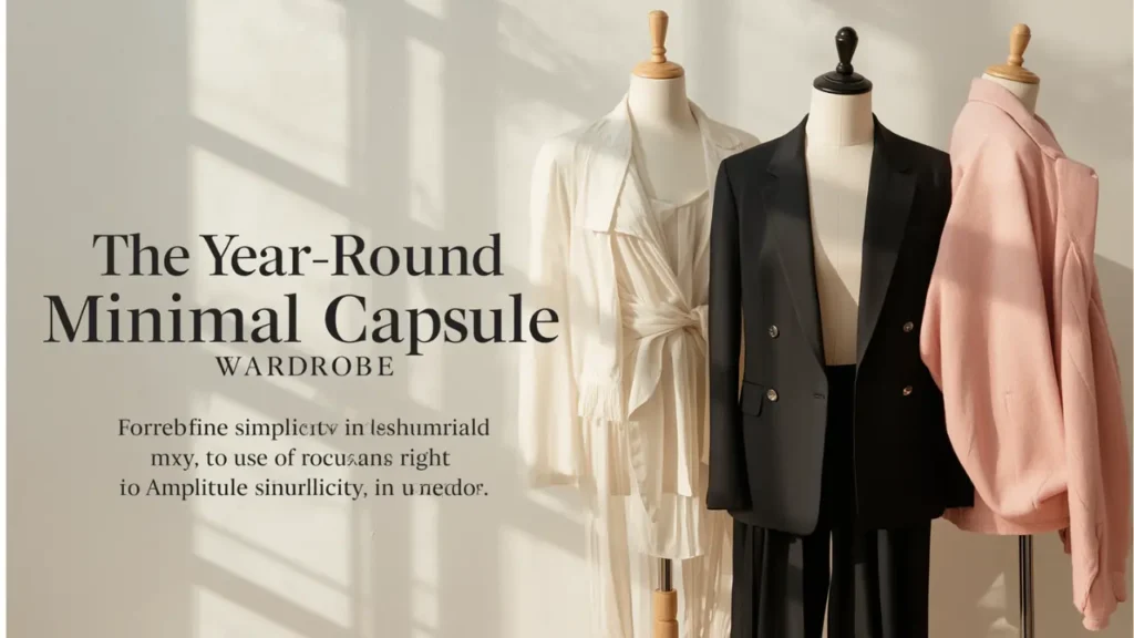 A Pinterest pin graphic titled "The Year-Round Minimal Capsule WARDROBE" set against a sunlit neutral wall. Features three dress mannequins displaying tailored essentials for a women's fashion Capsule Wardrobe. Includes a cream draped tie-front top, a structured black double-breasted blazer over dark trousers, and a soft dusty pink coat. An ideal visual guide for year-round minimalist outfit inspiration, timeless wardrobe curation, and chic professional style.