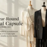 A Pinterest pin graphic titled "The Year-Round Minimal Capsule WARDROBE" set against a sunlit neutral wall. Features three dress mannequins displaying tailored essentials for a women's fashion Capsule Wardrobe. Includes a cream draped tie-front top, a structured black double-breasted blazer over dark trousers, and a soft dusty pink coat. An ideal visual guide for year-round minimalist outfit inspiration, timeless wardrobe curation, and chic professional style.