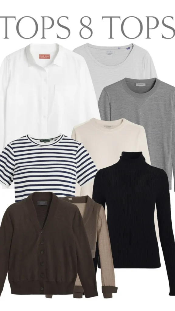 A Pinterest pin graphic titled "TOPS 8 TOPS" featuring a flat-lay collection of essential upper-body pieces for a women's fashion Capsule Wardrobe. Highlights eight versatile basic tops set against a clean background, including a crisp white button-down shirt, a navy striped t-shirt, a black ribbed turtleneck sweater, a dark brown buttoned cardigan, a beige long-sleeve top, and grey knit layers. An ideal visual guide for minimalist style planning, layering, and closet organization.