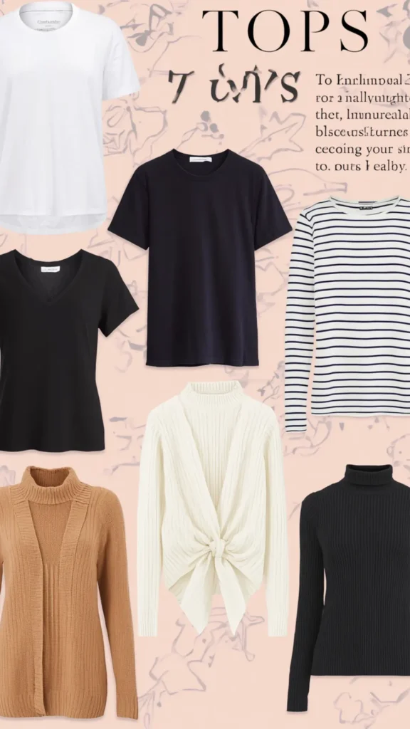 A Pinterest pin graphic titled "TOPS 7 TOPS" set on a light pink patterned background showcasing seven essential upper-body pieces for a women's fashion Capsule Wardrobe. Features versatile basic tops, including a classic white crew-neck t-shirt, a black v-neck tee, a navy short-sleeve t-shirt, a striped long-sleeve top, a black ribbed turtleneck sweater, a camel brown cardigan, and a cream ribbed twist-front sweater. An ideal visual guide for minimalist style planning, layering, and mixing and matching.