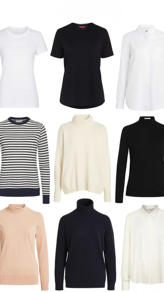 A 3x3 grid display showcasing 9 essential tops for a women's fashion Capsule Wardrobe. Set on a clean white background, the collection includes versatile, neutral-toned basics: classic white and black short-sleeve t-shirts, a crisp white button-down shirt, a long-sleeve nautical striped sweater, a cozy cream turtleneck, a sleek black turtleneck, a soft peach mock neck top, a dark navy ribbed sweater, and an off-white blouse. An ideal visual guide for minimalist top rotation and layering essentials.