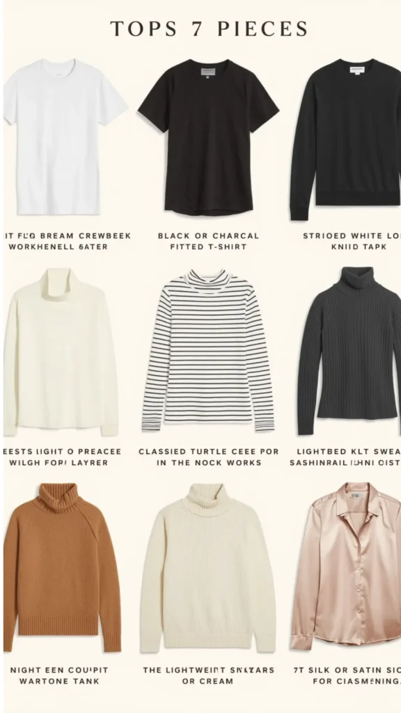 A clean flat-lay visual guide titled "TOPS 7 PIECES" featuring essential top options for a minimalist women's fashion Capsule Wardrobe. Set on a cream background, the graphic showcases versatile layering tops: classic white and charcoal t-shirts, black long-sleeve crew necks, striped turtlenecks, cozy ribbed sweaters in tan, grey, and off-white, and a chic champagne satin button-down blouse. An ideal visual reference for building a versatile closet, everyday outfit planning, and seasonal layering.
