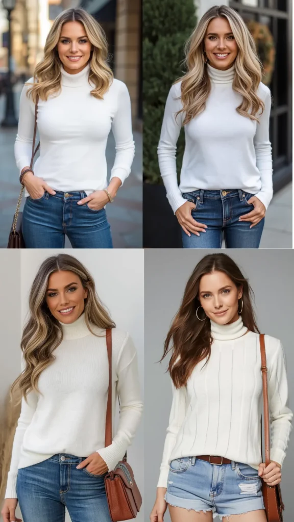 A four-panel grid collage showcasing essential white turtleneck tops for a women's fashion Capsule Wardrobe. Features models styling classic fitted and ribbed white long-sleeve high-neck knit tops paired with blue denim jeans and light-wash denim shorts. Accessorized with brown leather crossbody bags and subtle jewelry. An ideal visual guide for versatile seasonal layering ideas, timeless everyday basics, and effortless minimalist outfit formulas.