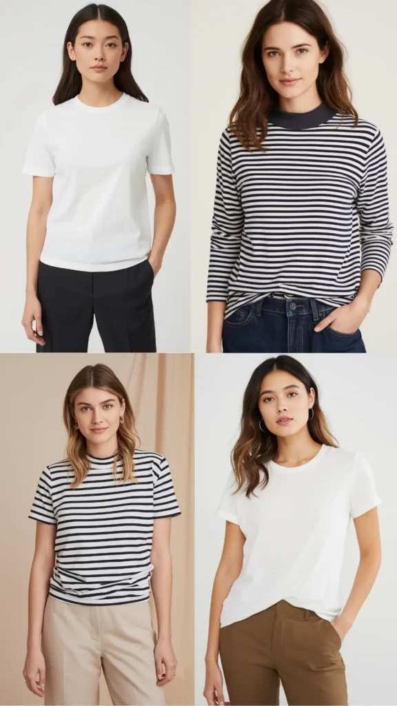 A four-quadrant photo collage featuring versatile staple tops for a women's fashion Capsule Wardrobe. Models demonstrate everyday minimalist style wearing essential basics: a plain white crewneck t-shirt with dark trousers, a navy striped long-sleeve top paired with jeans, a striped short-sleeve tee with beige pants, and a casual white t-shirt with olive trousers. An ideal visual guide for styling classic tees, mixing neutral wardrobe essentials, and building a versatile closet.