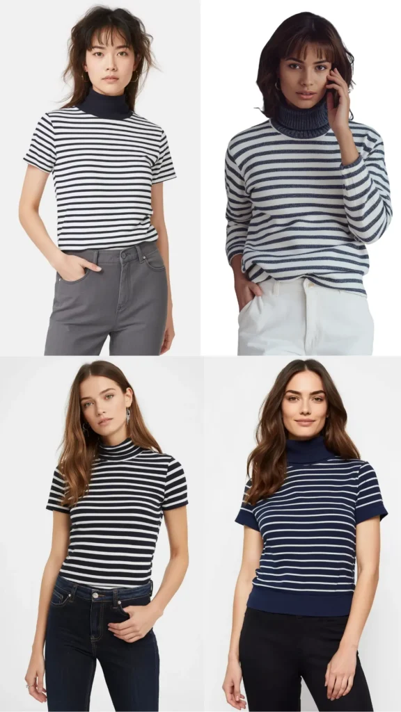 A four-quadrant photo collage highlighting classic striped tops for a women's fashion Capsule Wardrobe. Models showcase timeless nautical and minimalist styles: a short-sleeve white-and-navy striped mock neck tee with grey jeans, a cozy long-sleeve striped turtleneck knit with white pants, a fitted black-and-white striped mock neck with dark blue denim, and a navy striped short-sleeve turtleneck with black trousers. An ideal visual guide for basic top rotation and versatile everyday outfits.