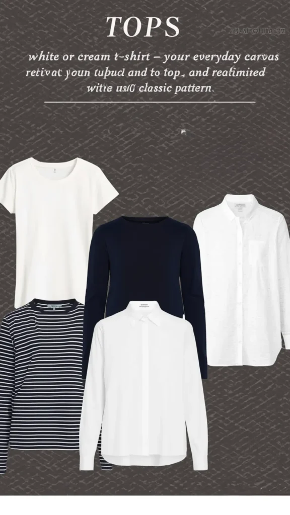 A Pinterest graphic titled "TOPS" highlighting essential shirts for a women's fashion Capsule Wardrobe on a dark textured grey background. The image features five versatile, neutral top staples: a classic white short-sleeve t-shirt, a navy long-sleeve crewneck sweater, a white long-sleeve button-down linen shirt, a black and white striped long-sleeve tee, and a crisp white collared blouse. An ideal visual guide for minimalist outfit planning, layering, and building a capsule collection.