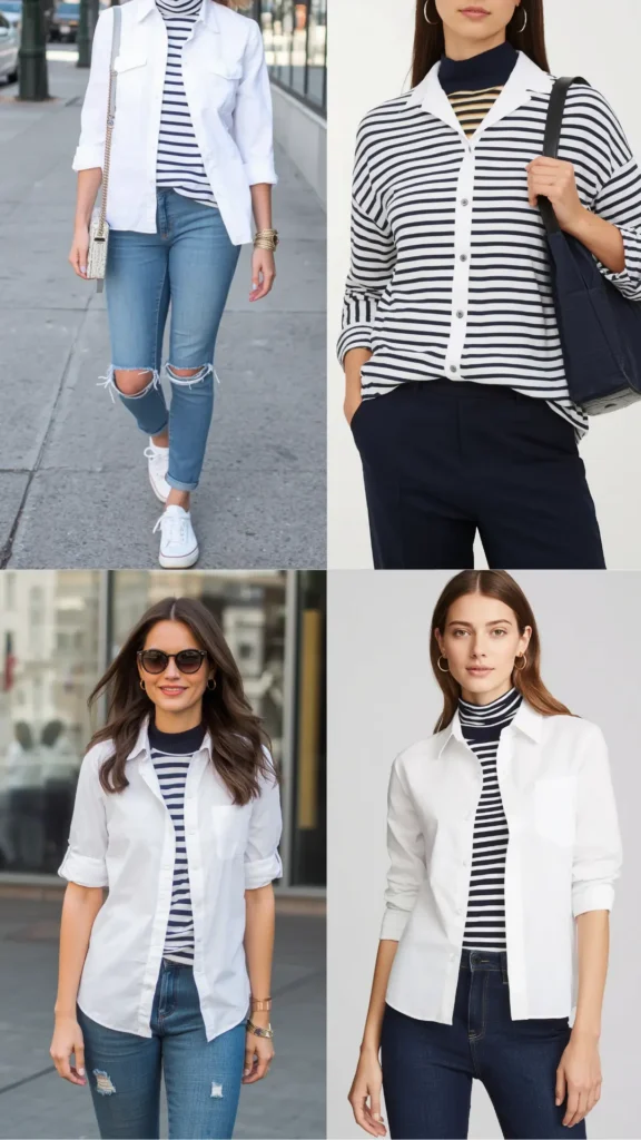 A four-panel photo grid showcasing versatile layering ideas for a women's fashion Capsule Wardrobe. The visual guide features casual chic street style outfits combining navy-and-white striped turtlenecks layered beneath open white button-down shirts. Styled with distressed denim jeans, dark navy trousers, white sneakers, sunglasses, and gold hoop earrings. Perfect visual inspiration for minimalist outfit formulas, smart-casual top layering, and timeless closet essentials.