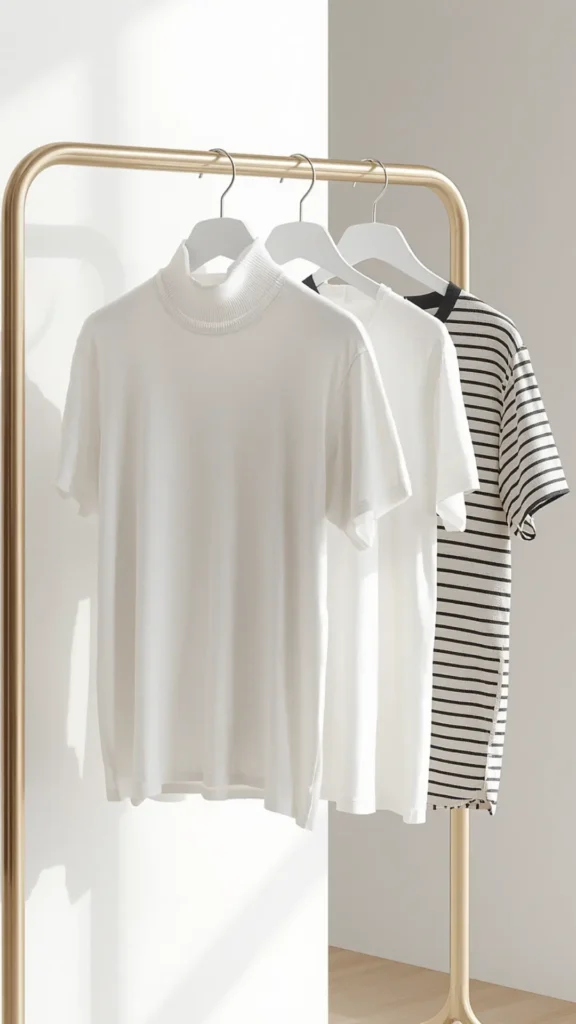 A Pinterest pin graphic displaying essential minimalist tops for a women's fashion Capsule Wardrobe. Set in a bright, sunlit room, a sleek gold clothing rack holds three versatile basic t-shirts on white hangers: a short-sleeve white mock-neck tee, a classic plain white crewneck shirt, and a timeless black and white striped t-shirt. An ideal visual guide for styling everyday basics, organizing a minimalist closet, and curating timeless neutral layering pieces for any season.
