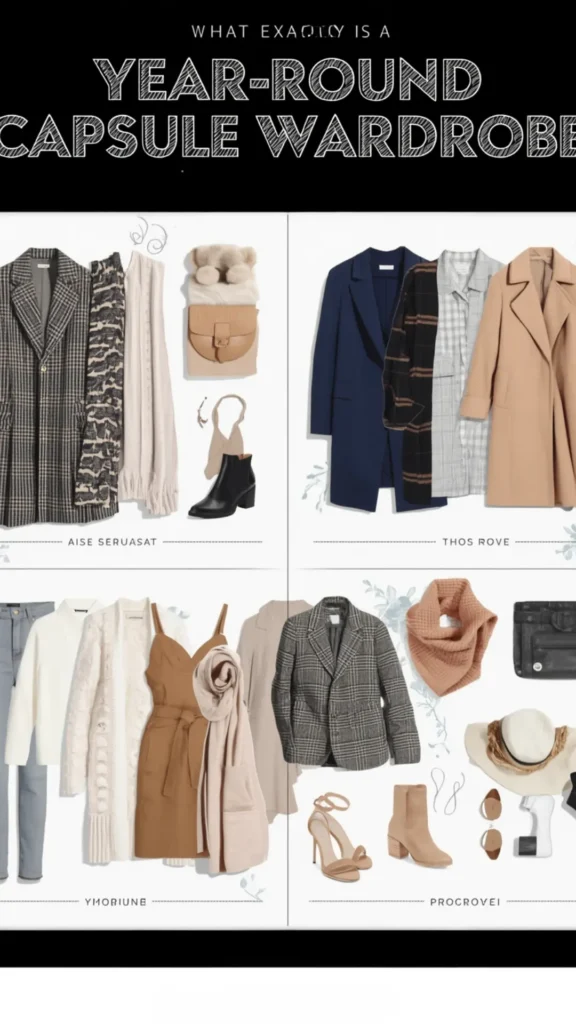 A Pinterest pin graphic titled "WHAT EXACTLY IS A YEAR-ROUND CAPSULE WARDROBE" featuring a four-quadrant flat-lay layout for a women's fashion Capsule Wardrobe. Arranged on a white background, it shows versatile seasonal staples: plaid coats, camel trenches, navy blazers, long cardigans, camel dresses, blue denim, plaid jackets, tan ankle boots, nude heels, and cozy scarves. An ideal visual guide for four-season outfit layering, minimalist style planning, and building a versatile closet.