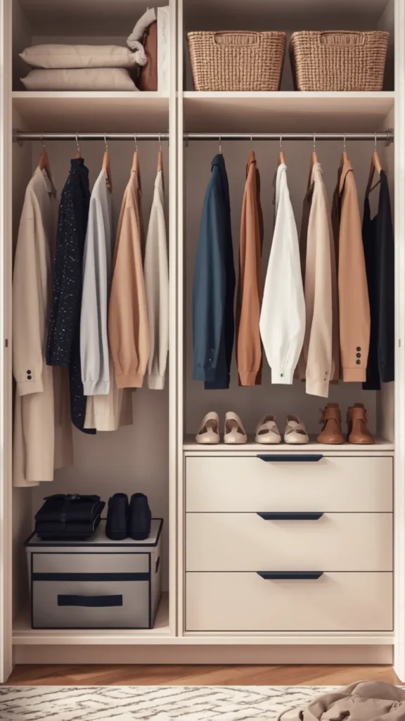 A Pinterest pin photo displaying an organized, minimal built-in closet space for a women's fashion Capsule Wardrobe. Features clothes hanging on wooden hangers in neutral tones, including crisp white button-downs, camel knits, navy tops, and trench coats. Upper shelves hold woven baskets, while lower sections display cream flats, tan ankle boots, storage boxes, and neat drawers. An ideal visual guide for minimalist closet organization, aesthetic wardrobe curation, and timeless fashion staples.