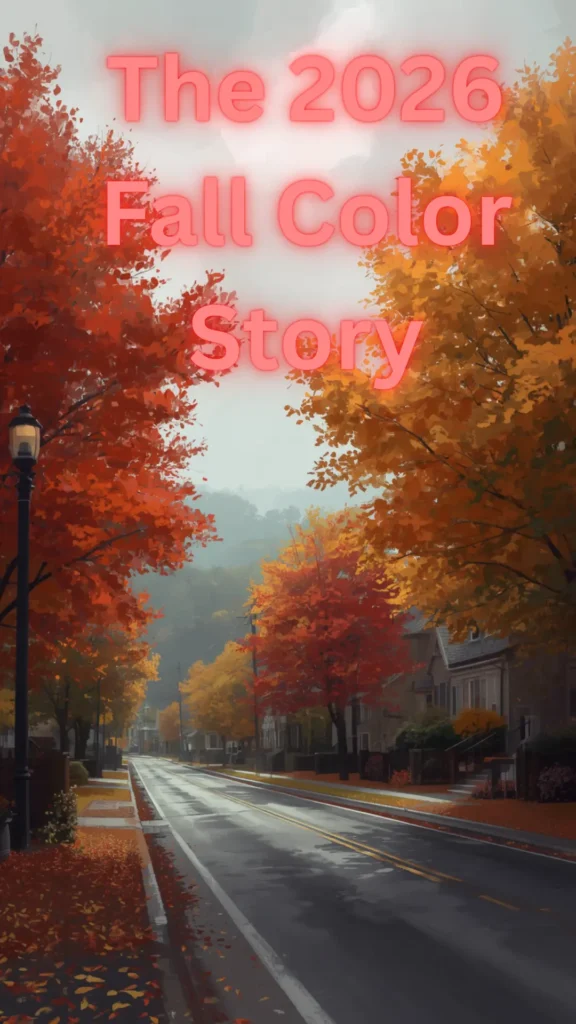 A Pinterest pin graphic titled "The 2026 Fall Color Story" in glowing coral text, presenting autumn color palette inspiration for a women's fashion Capsule Wardrobe. Set on a quiet residential street, the background features vibrant fall trees filled with rich crimson, burnt orange, and golden yellow leaves. Includes wet asphalt reflecting light and classic street lamps. An ideal visual guide for planning seasonal outfit color schemes, warm autumnal tones, and timeless closet essentials.