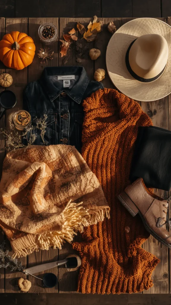 A Pinterest pin flat lay on a rustic wooden background featuring cozy autumn outfit essentials for a women's fashion Capsule Wardrobe. Includes a chunky burnt orange knit sweater, dark denim jacket, patterned fringe scarf, wide-brim straw hat, black pants, and a brown leather shoe. Styled with fall decor like mini pumpkins, pinecones, and autumn leaves. An ideal visual guide for styling seasonal sweater outfits, warm layering pieces, and timeless fall wardrobe staples.