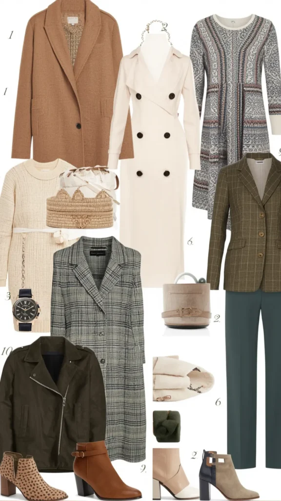 A Pinterest pin flat lay showcasing a numbered collection of chic autumn essentials for a women's fashion Capsule Wardrobe. Set on a clean white background, it features classic outerwear including a camel coat, cream trench, grey plaid overcoat, olive blazer, and dark jacket, alongside a cream sweater dress and tailored trousers. Styled with stylish accessories like leopard print boots, brown leather booties, and structured handbags. An ideal guide for timeless fall outfit planning.