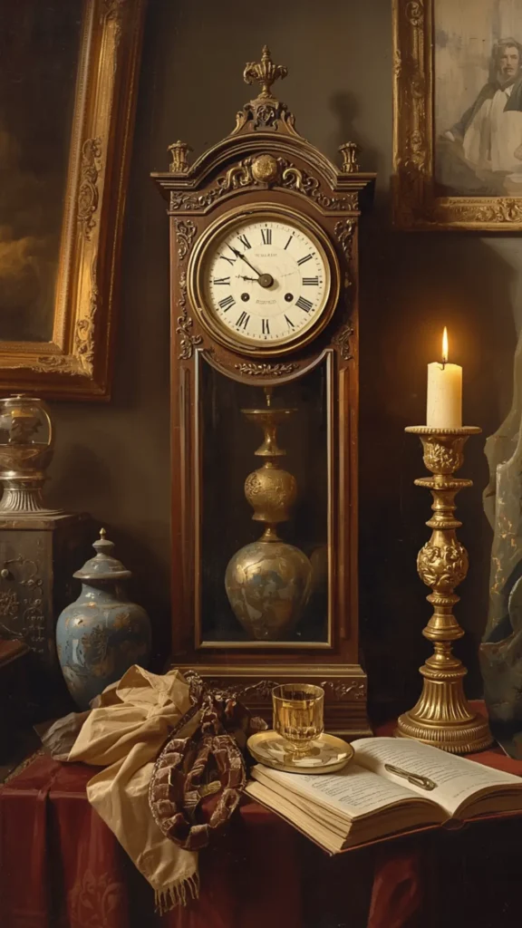 An ornate vintage wood and brass clock set in a moody dark academia room, illuminated by a glowing candle on a tall brass candlestick. The scene features gilded framed oil paintings, an antique blue porcelain vase, an open leather notebook with a pen, and folded beige fabric on a red tabletop. Offers a classic vintage aesthetic pin background, providing atmospheric mood board inspiration for a women's fashion Capsule Wardrobe.